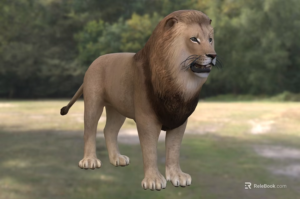 Majestic Lion Standing On Grassy Field With Lush Green Tree Background 3d model 