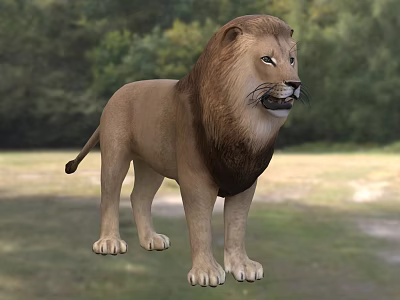 Majestic Lion Standing On Grassy Field With Lush Green Tree Background 3d model