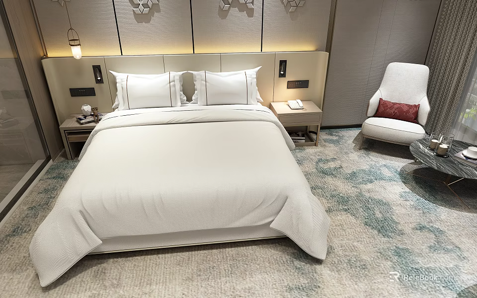 Modern Double Bed With White Bedding Bedside Tables Wall Lamps And Accent Chair 3d model