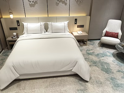 Modern Double Bed With White Bedding Bedside Tables Wall Lamps And Accent Chair 3d model