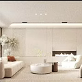 Modern Minimalist Living Room Interior With Light Sofa Round Coffee Table Fireplace Plant And Large Window