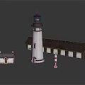 Residential Building Near Lighthouse with Adjacent Structure Red White Pillar and Reflection 3d model