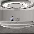 Modern Curved Luminous Reception Desk With Circular Ceiling Light For Bright Elegant Office Lobby Interior