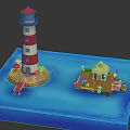 Model Lighthouse and Dock House Building on Sandy Shore with Palm Trees Umbrellas and Blue Water