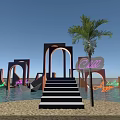 Hygge Beach With Sandy Shore Large Yellow Letters Colorful Arches Palm Trees And Blue Sky