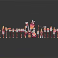 Colorful Miniature Scene Components Arranged In Row With Red White Orange Elements