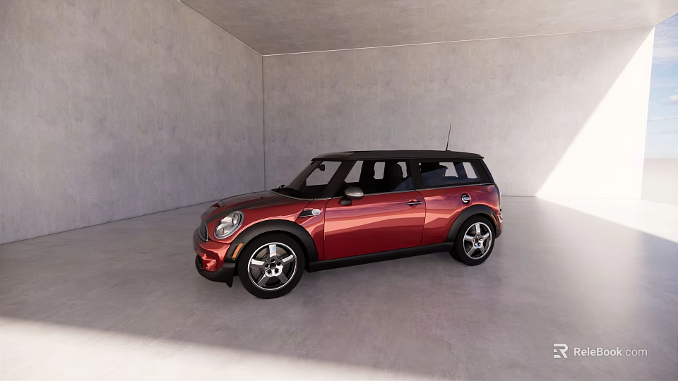 Red Five Door Compact Car With Black Roof And Alloy Wheels In Gray Indoor Showroom 3d model 