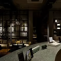Modern Industrial Café Interior With Bar Counter High Stools Pendant Lights And Wooden Floors