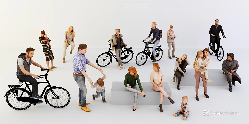 Group of Diverse People With Bicycles Standing Sitting and Interacting Together 3d model 