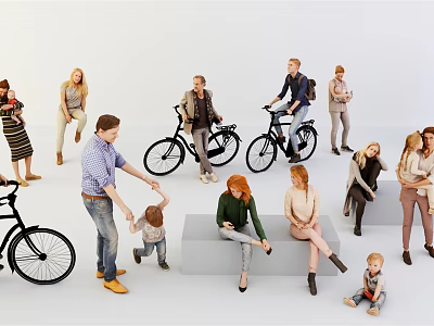 Group of Diverse People With Bicycles Standing Sitting and Interacting Together 3d model