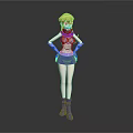 Anime Style 3D Character With Blonde Hair Blue White Outfit Standing Pose