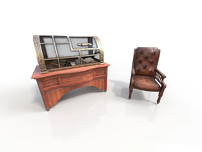 Vintage Wooden Desk And Brown Leather Armchair With Glass Doors Metal Accents And Button Tufting 3d model