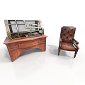 Vintage Wooden Desk And Brown Leather Armchair With Glass Doors Metal Accents And Button Tufting