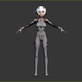 3D Model Of Futuristic Sci Fi Character With White Hair Gray Bodysuit Green Red Accents