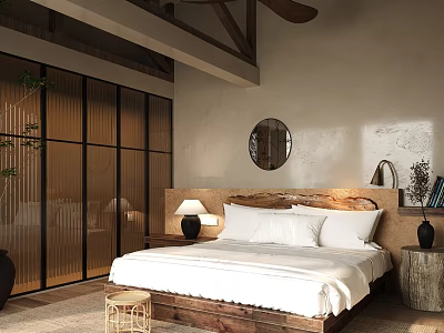 Hotel Room Interior With Wooden Headboard White Bedding Round Mirror And Glass Partition 3d model