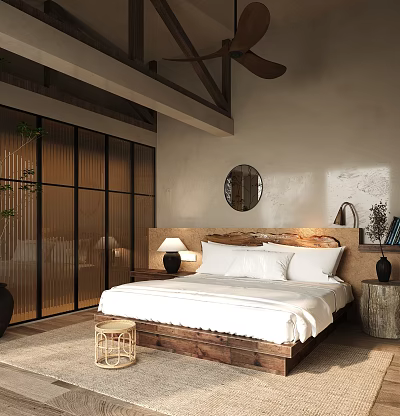 Hotel Room Interior With Wooden Headboard White Bedding Round Mirror And Glass Partition 3d model