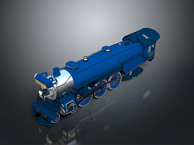 Blue Steam Locomotive Model With Metallic Finish Detailed Wheels And Smokestack 3d model
