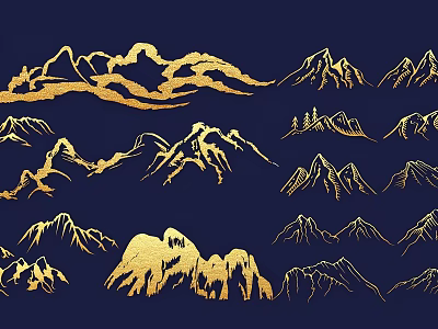 Elegant Wall Decor With Golden Mountain Patterns on Dark Blue Background 3d model