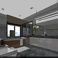 Hotel Guest Room Bathroom Featuring Marble Surfaces Wooden Bathtub Large Mirror And LED Lighting