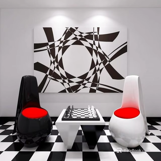 Casual Sofa Set With Black White Checkered Floor And Red Cushions By Geometric Wall Art 3d model 