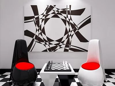 Casual Sofa Set With Black White Checkered Floor And Red Cushions By Geometric Wall Art 3d model