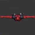 Deadpool Character in Red and Black Costume with Arms Outstretched Holding Katanas