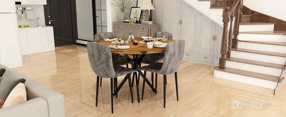 Modern Dining Room Featuring Round Wooden Table Gray Upholstered Chairs And Arranged Tableware 3d model 