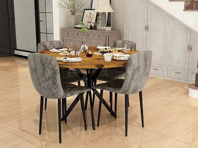 Modern Dining Room Featuring Round Wooden Table Gray Upholstered Chairs And Arranged Tableware 3d model