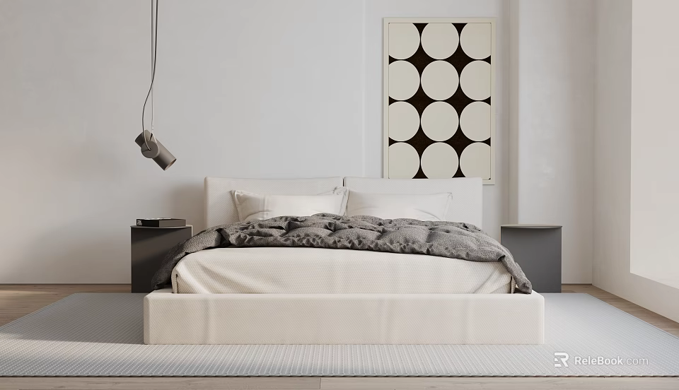 Modern Double Bed With White Frame Gray Blanket And Black White Circular Pattern Wall Art 3d model