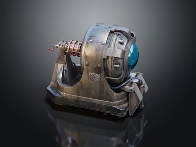 Vintage Industrial Engine With Metal Construction Copper Pipes And Blue Circular Component 3d model