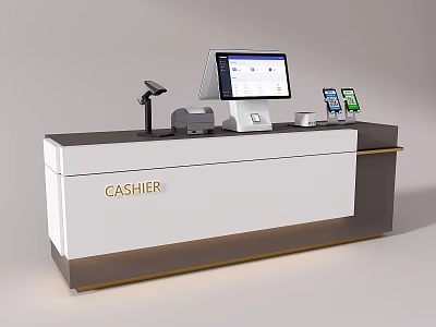 Modern Cashier Desk White Gray With Gold Trim Monitor Printer Barcode Scanner Mobile Payment Stands 3d model