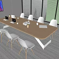 Modern Wooden Conference Table With White Chairs Laptops Documents And Large Screen