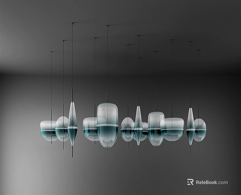 Unique Design Transparent Glass Chandeliers in Grey Room with Various Sizes Round Shades Soft Light 3d model 