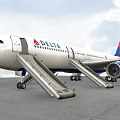 Delta Airline Airplane With Open Doors And Deployed Slides On Tarmac Under Cloudy Sky