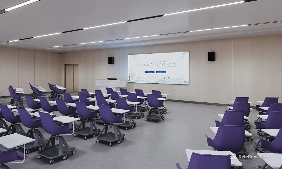 Modern School Classroom Interior With Purple Chairs Whiteboard And Projector 3d model 