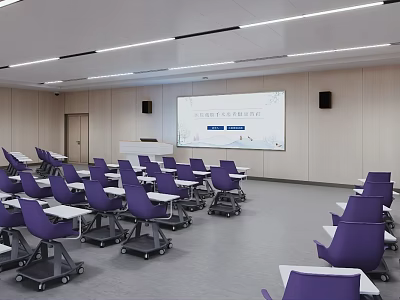 Modern School Classroom Interior With Purple Chairs Whiteboard And Projector 3d model