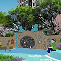 Children's Play Area With Circular Paths Blue Water Features Green Lawns And Trees