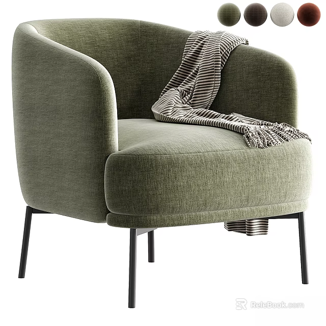 Green Upholstered Leisure Chair With Striped Throw Blanket And Black Metal Legs 3d model 