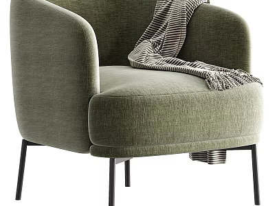 Green Upholstered Leisure Chair With Striped Throw Blanket And Black Metal Legs 3d model