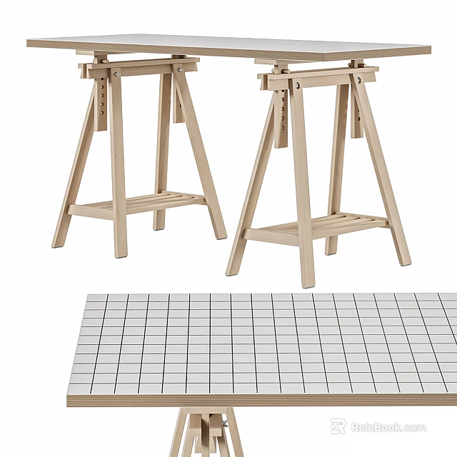 Simple Wooden Dining Table With Easel Style Legs And White Grid Pattern Top 3d model
