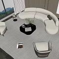 Modern Curved White Sofa and Black Coffee Table Set with Armchairs and Mountain View