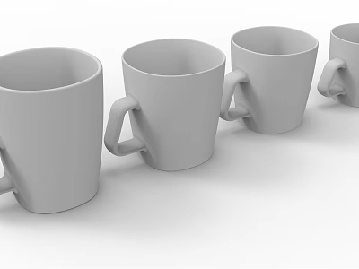 Four Neatly Arranged White Ceramic Mugs in a Row on White Background 3d model