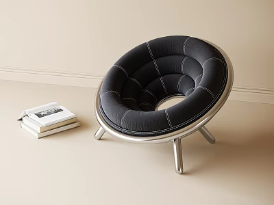 Black Round Sofa Stool with Stitched Cushion and Metal Legs in Modern Interior 3d model