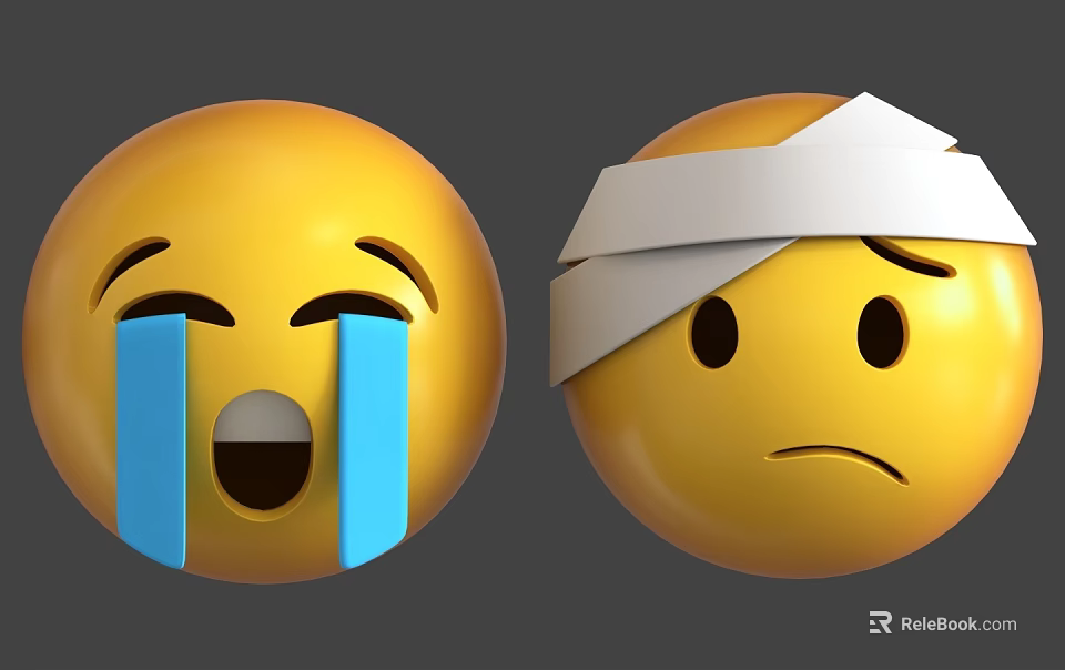 3D Emoji Sculptures Featuring Crying Face With Blue Tears And Sad Bandaged Head 3d model 