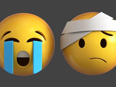 3D Emoji Sculptures Featuring Crying Face With Blue Tears And Sad Bandaged Head 3d model