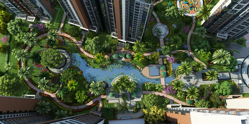 Modern Residential Garden Landscape With Water Pond Greenery Walkways And High Rise Buildings 3d model 