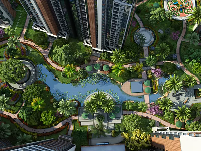 Modern Residential Garden Landscape With Water Pond Greenery Walkways And High Rise Buildings 3d model