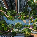 Modern Residential Garden Landscape With Water Pond Greenery Walkways And High Rise Buildings