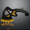 Decorative Mythical Axe Tool With Black Body Orange Patterns Flame Shaped Serrations And Green Tip