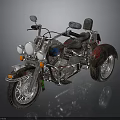 Three Wheeled Motorcycle with Chrome Details and Blue Red Graphics in Stylish Classic Design